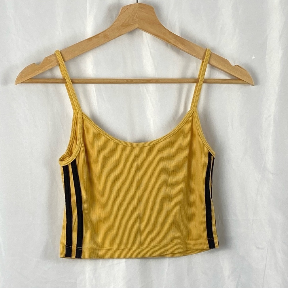 Brandy Melville Women’s Yellow Ribbed Cropped Tank Top Black Stripes One Size